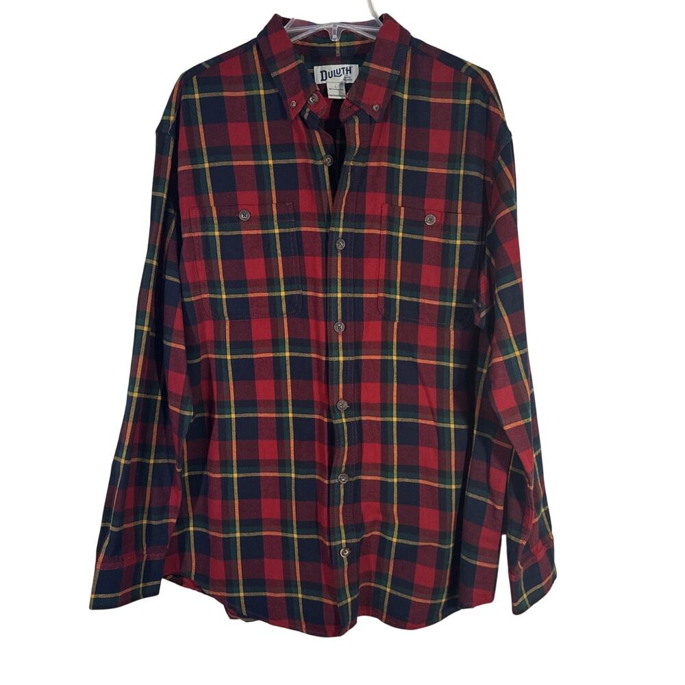 Duluth Trading Co Flannel Shirt Mens L Relaxed Fit Red Plaid Long Sleeve Button